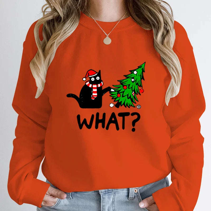 ’What?’ Black Cat Christmas Tree Sweatshirt - Orange / S - T-Shirts - Sweatshirts - 15 - 2024