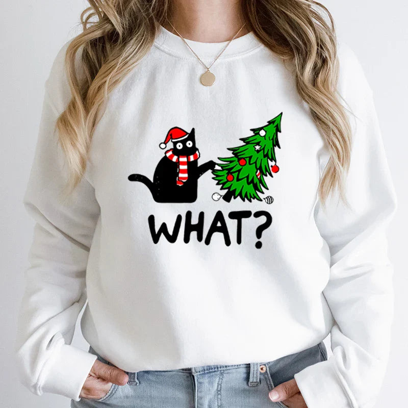 ’What?’ Black Cat Christmas Tree Sweatshirt - White / S - T-Shirts - Sweatshirts - 4 - 2024