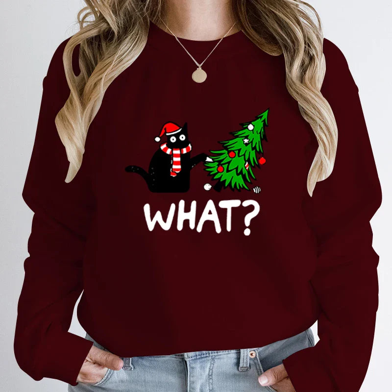 ’What?’ Black Cat Christmas Tree Sweatshirt - T-Shirts - Sweatshirts - 5 - 2024