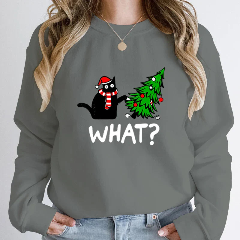 ’What?’ Black Cat Christmas Tree Sweatshirt - Multicolored / S - T-Shirts - Sweatshirts - 12 - 2024