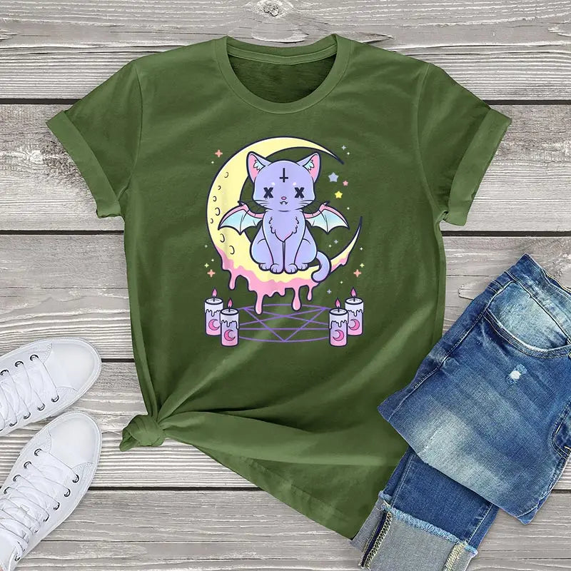 Whisker Whimsy Cotton Tee – Purrfectly Pastel Goth - Green / S / CHINA - T-Shirts - Shirts & Tops - 3 - 2024