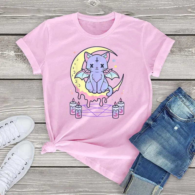 Whisker Whimsy Cotton Tee – Purrfectly Pastel Goth - Pink / XS / CHINA - T-Shirts - Shirts & Tops - 7 - 2024