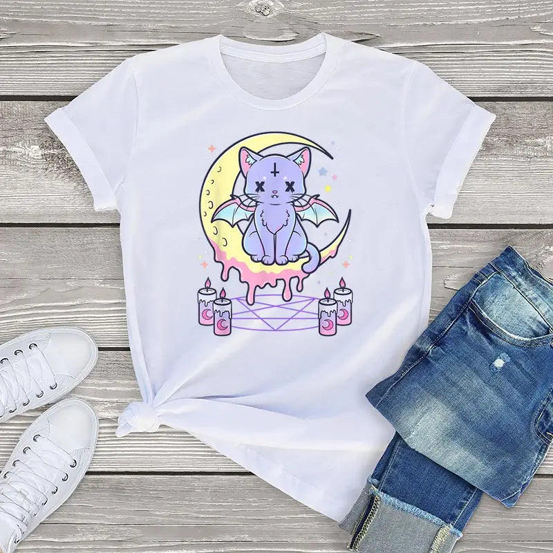 Whisker Whimsy Cotton Tee – Purrfectly Pastel Goth - White / XL / CHINA - T-Shirts - Shirts & Tops - 8 - 2024