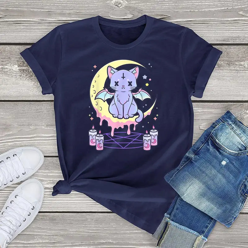 Whisker Whimsy Cotton Tee – Purrfectly Pastel Goth - Dark Blue / XXL / CHINA - T-Shirts - Shirts & Tops - 9 - 2024