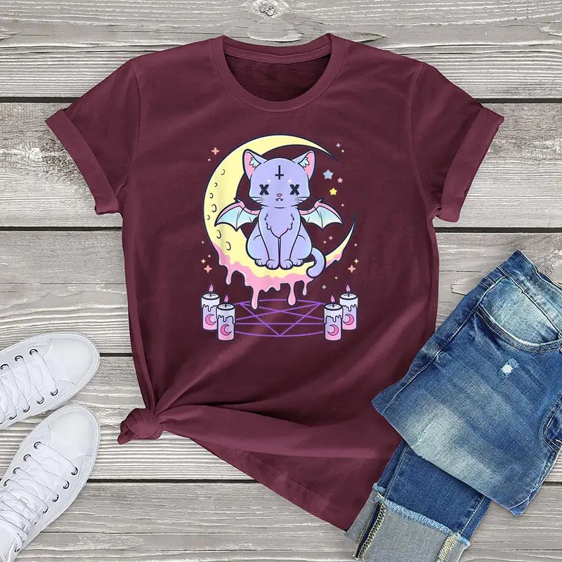 Whisker Whimsy Cotton Tee – Purrfectly Pastel Goth - Red / XS / CHINA - T-Shirts - Shirts & Tops - 4 - 2024