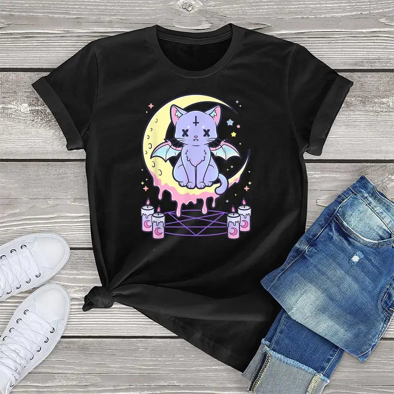 Whisker Whimsy Cotton Tee – Purrfectly Pastel Goth - Black / M / CHINA - T-Shirts - Shirts & Tops - 10 - 2024