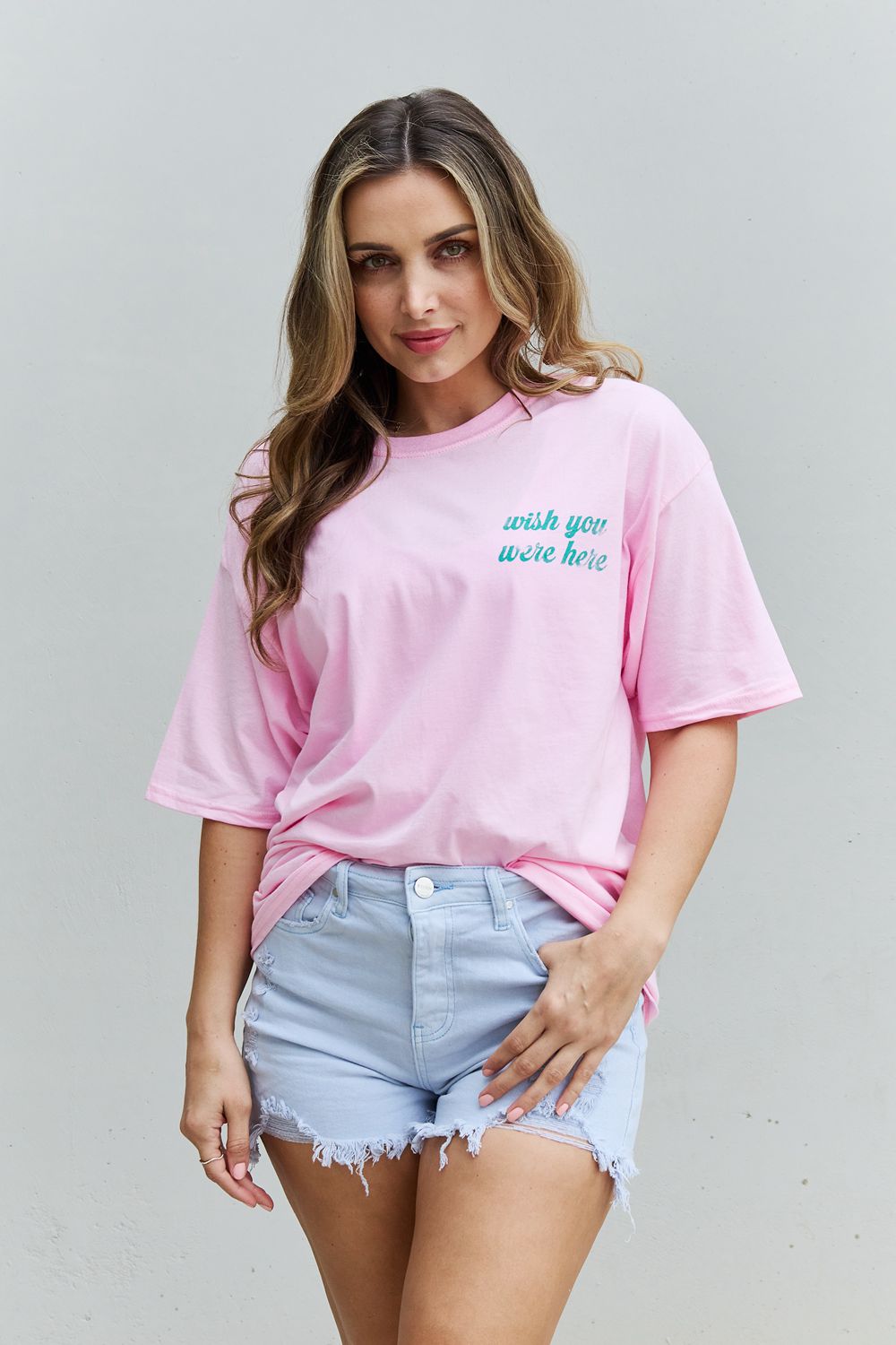 ’Wish You Were Here’ Oversized Graphic T-Shirt - Pink / S/M - T-Shirts - Shirts & Tops - 1 - 2024