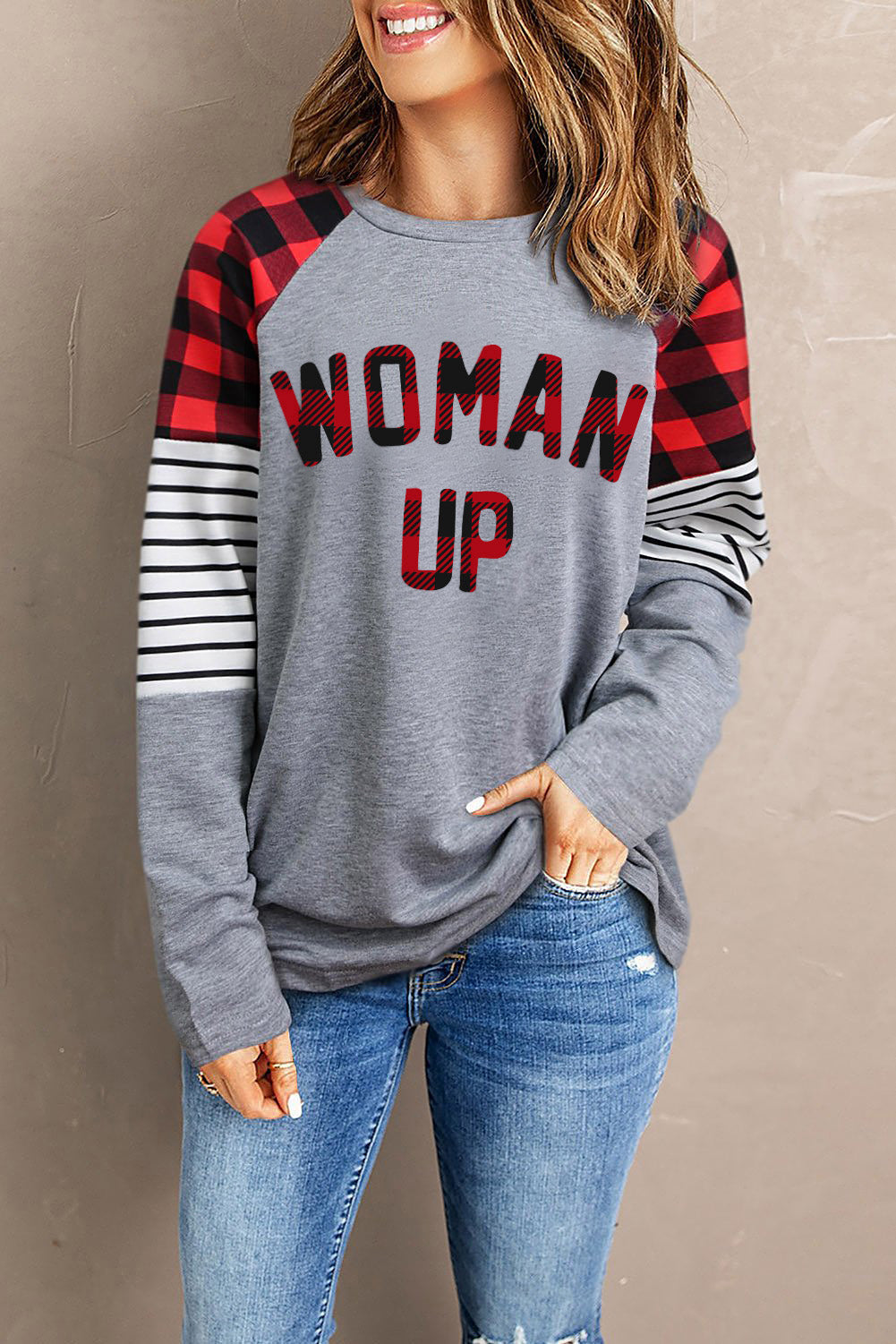WOMAN UP Plaid Striped Raglan Sleeve Top - Gray / S - T-Shirts - Shirts & Tops - 1 - 2024