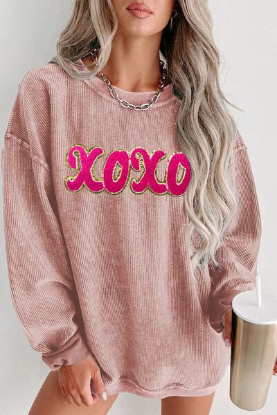 XOXO Sequin Round Neck Dropped Shoulder Sweatshirt - Dusty Pink / S - T-Shirts - Shirts & Tops - 7 - 2024