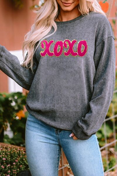 XOXO Sequin Round Neck Dropped Shoulder Sweatshirt - Charcoal / S - T-Shirts - Shirts & Tops - 1 - 2024