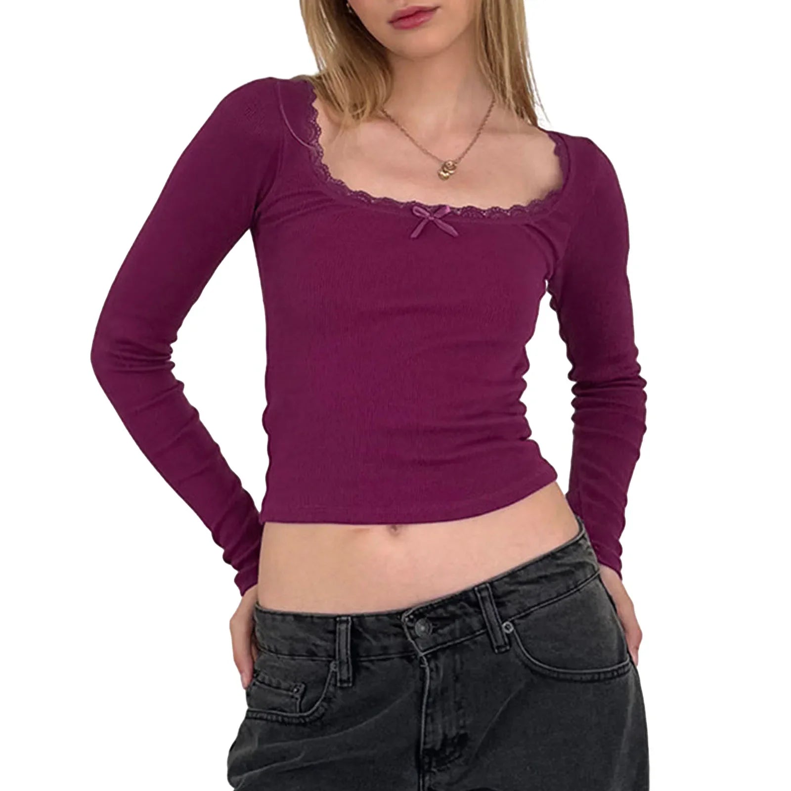 Y2K Lace Trim Bow Knitted Tee - Purple / S - T-Shirts - Shirts & Tops - 10 - 2024