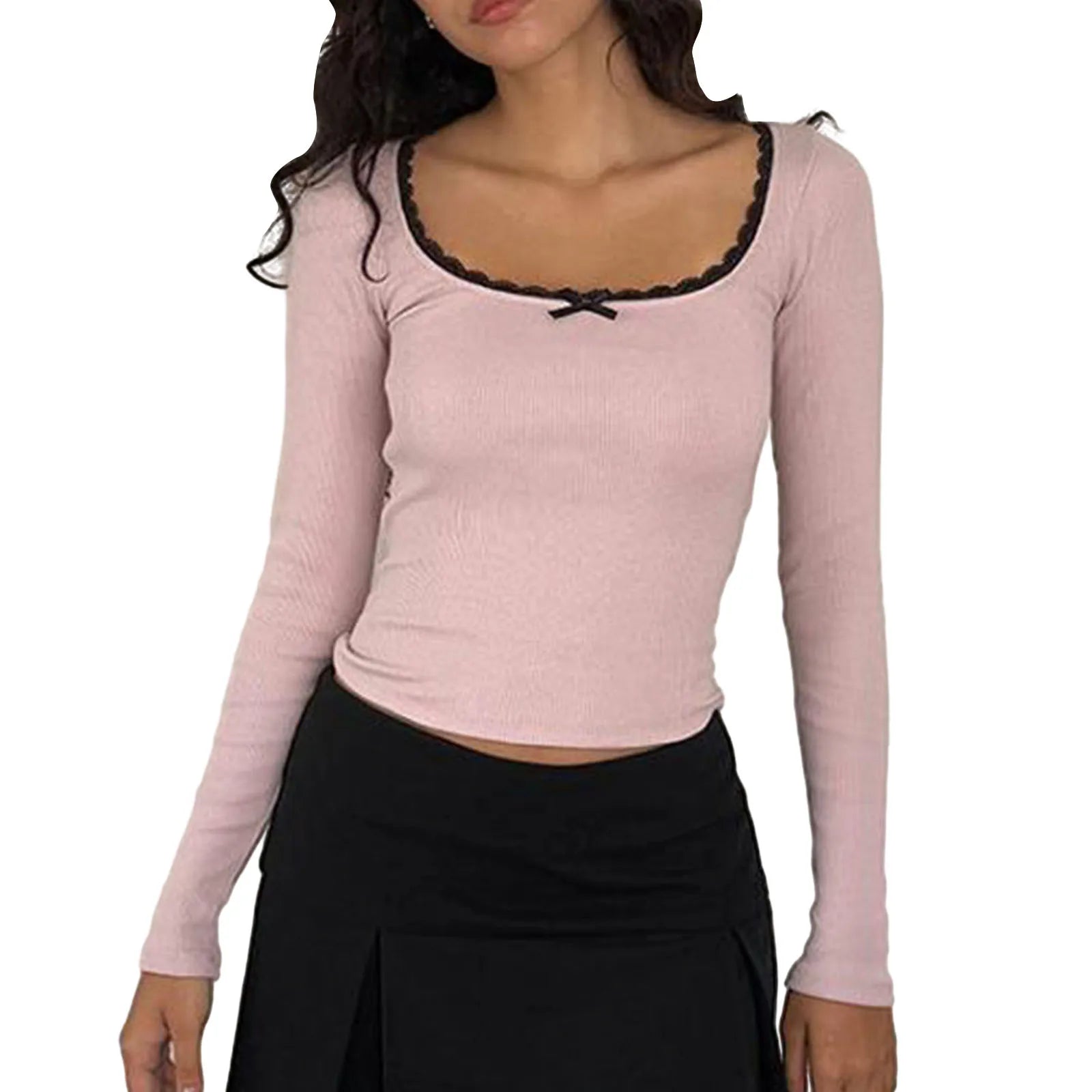 Y2K Lace Trim Bow Knitted Tee - Light Pink / M - T-Shirts - Shirts & Tops - 12 - 2024