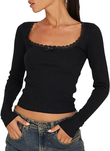 Y2K Lace Trim Bow Knitted Tee - Black / L - T-Shirts - Shirts & Tops - 14 - 2024