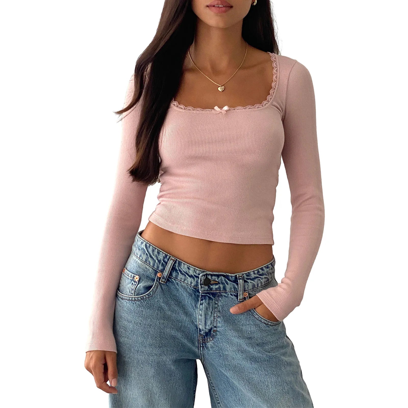 Y2K Lace Trim Bow Knitted Tee - Pink / L - T-Shirts - Shirts & Tops - 7 - 2024