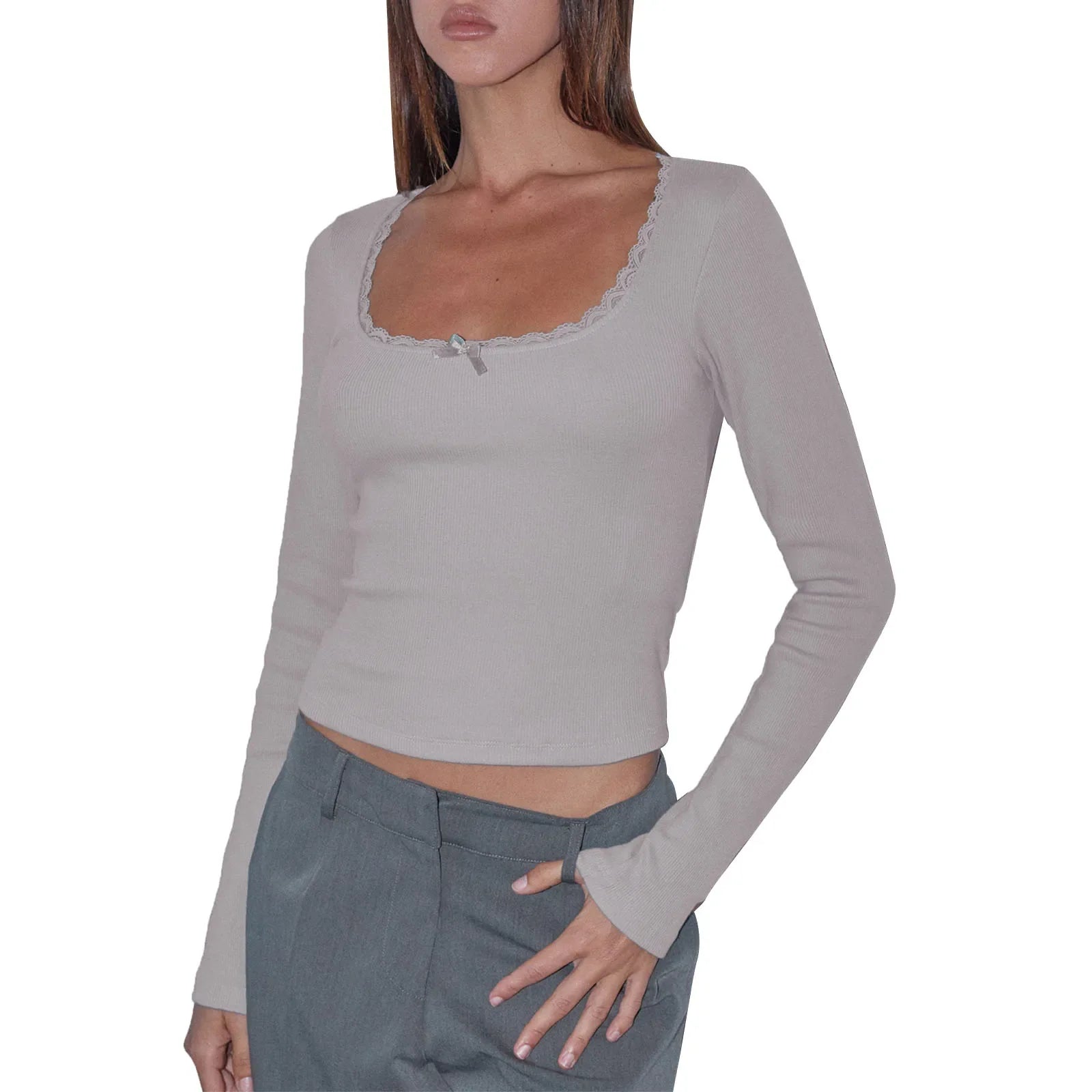 Y2K Lace Trim Bow Knitted Tee - Gray / M - T-Shirts - Shirts & Tops - 8 - 2024