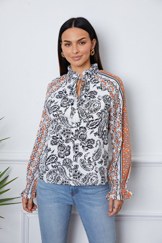 Tassel Tie Neck Printed Smocked Long Sleeve Blouse - White / S - Women’s Clothing & Accessories - Shirts & Tops - 1