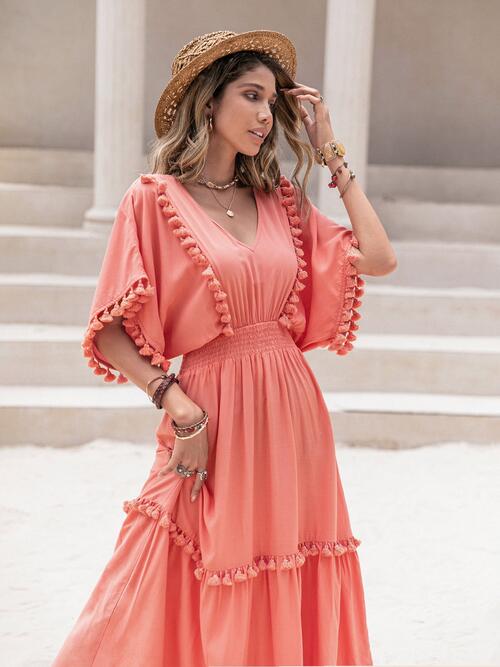 Tassel Trim Smocked V-Neck Short Sleeve Dress - Coral / S - All Dresses - Dresses - 1 - 2024