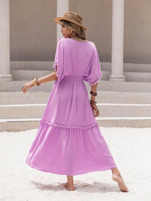 Tassel Trim Smocked V-Neck Short Sleeve Dress - All Dresses - Dresses - 13 - 2024