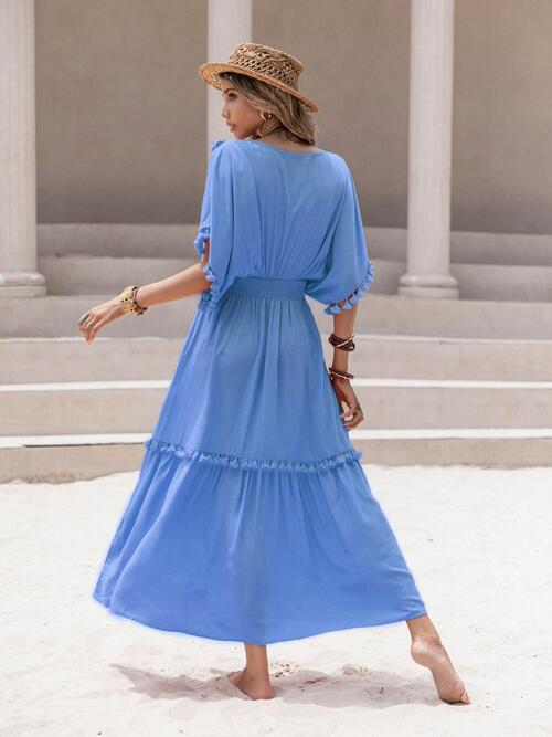 Tassel Trim Smocked V-Neck Short Sleeve Dress - All Dresses - Dresses - 16 - 2024