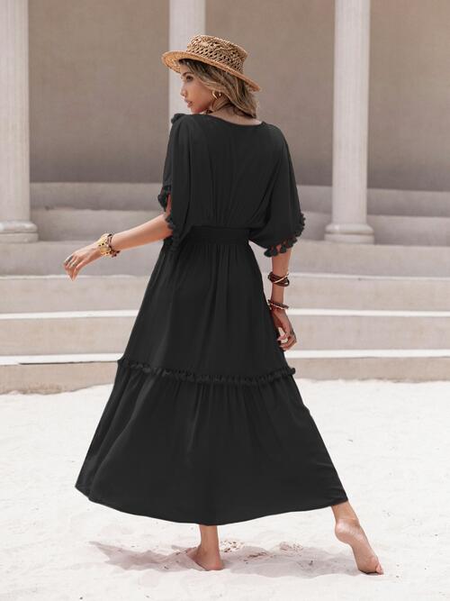 Tassel Trim Smocked V-Neck Short Sleeve Dress - All Dresses - Dresses - 19 - 2024