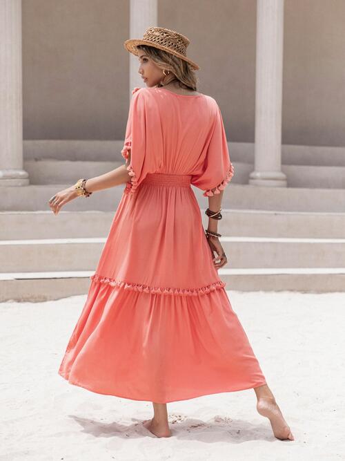 Tassel Trim Smocked V-Neck Short Sleeve Dress - All Dresses - Dresses - 2 - 2024