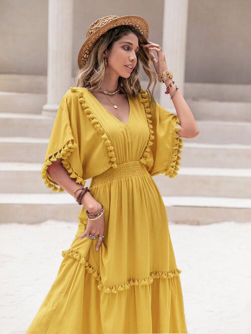 Tassel Trim Smocked V-Neck Short Sleeve Dress - All Dresses - Dresses - 21 - 2024