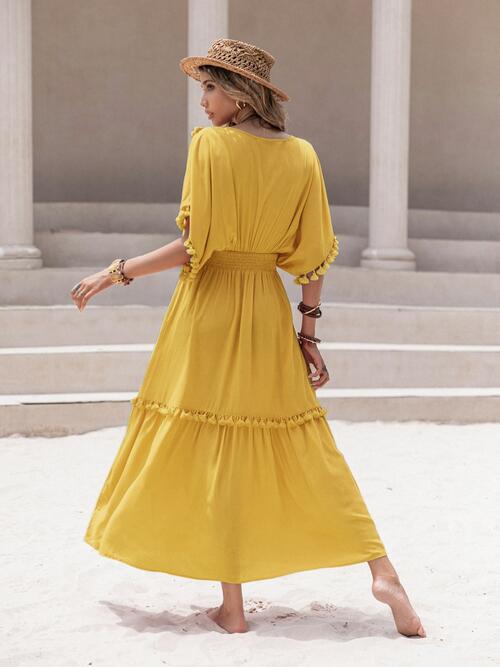 Tassel Trim Smocked V-Neck Short Sleeve Dress - All Dresses - Dresses - 22 - 2024