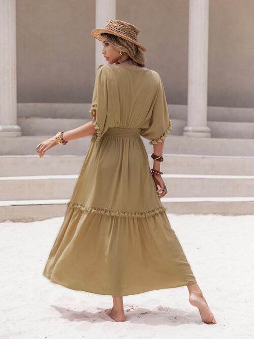 Tassel Trim Smocked V-Neck Short Sleeve Dress - All Dresses - Dresses - 7 - 2024