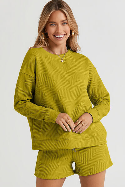 Texture Long Sleeve Top and Drawstring Shorts Set - Chartreuse / S - Tops - Outfit Sets - 22 - 2024