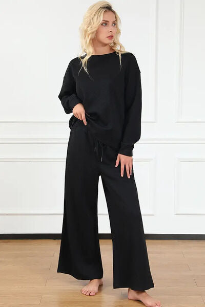 Textured Long Sleeve Top and Drawstring Pants Set - Bottoms - Loungewear - 3 - 2024