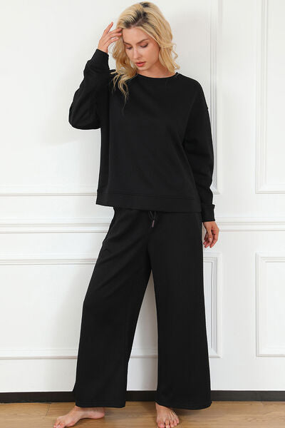 Textured Long Sleeve Top and Drawstring Pants Set - Bottoms - Loungewear - 4 - 2024