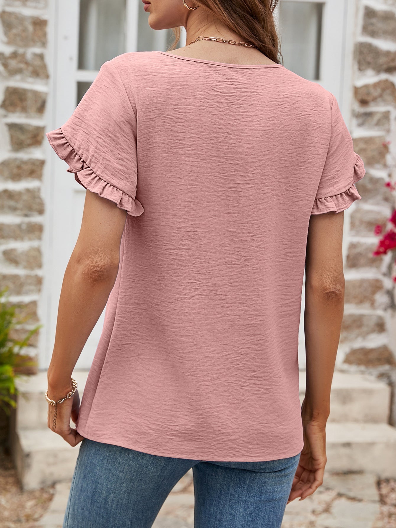 Textured Petal Sleeve Round Neck Tee - T-Shirts - Shirts & Tops - 2 - 2024