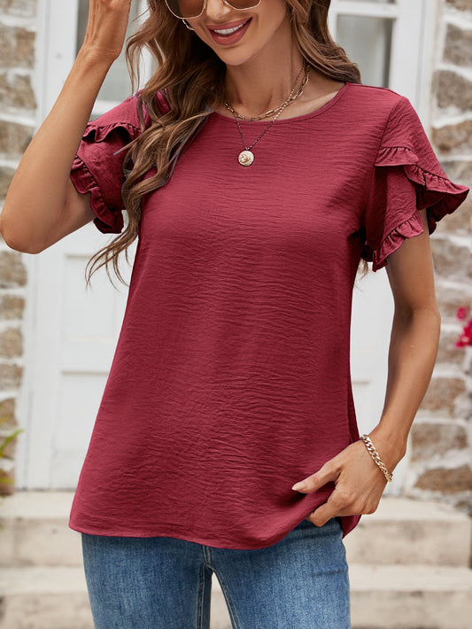 Textured Petal Sleeve Round Neck Tee - Red / S - T-Shirts - Shirts & Tops - 5 - 2024