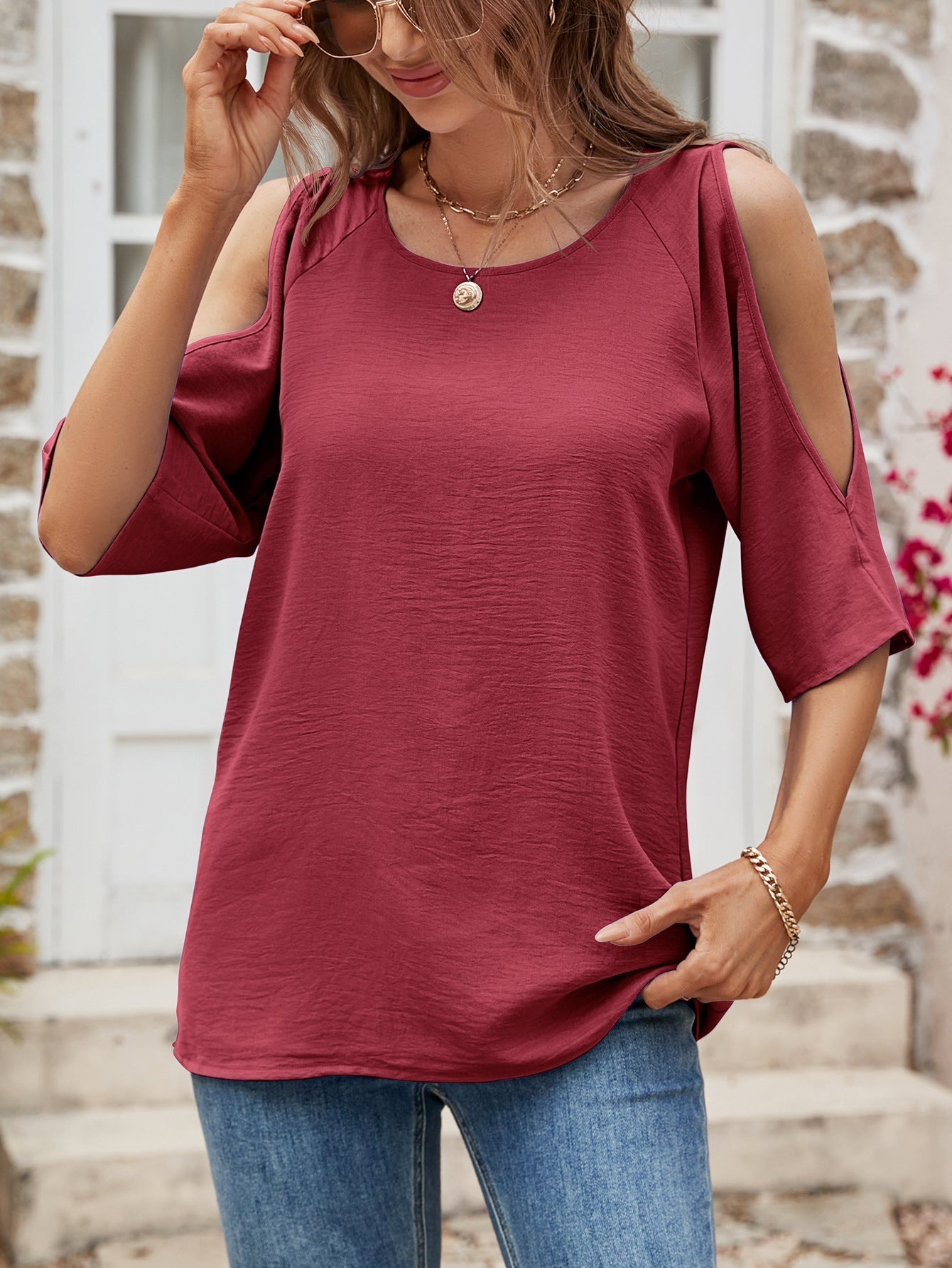 Textured Round Neck Split Sleeve Top - T-Shirts - Shirts & Tops - 7 - 2024