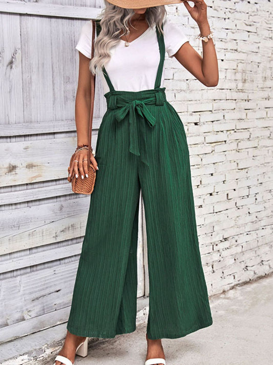 Tie Belt Wide Leg Overalls - Green / S - Bottoms - Overalls - 1 - 2024