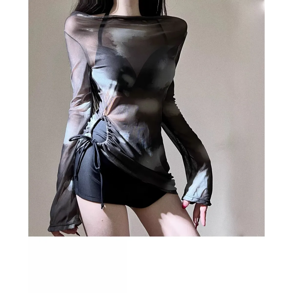 Tie-Dye Bikini Set – Korean Mesh Cover-Up with Drawstring Skirt - Bottoms - Long - Swimwear - 4