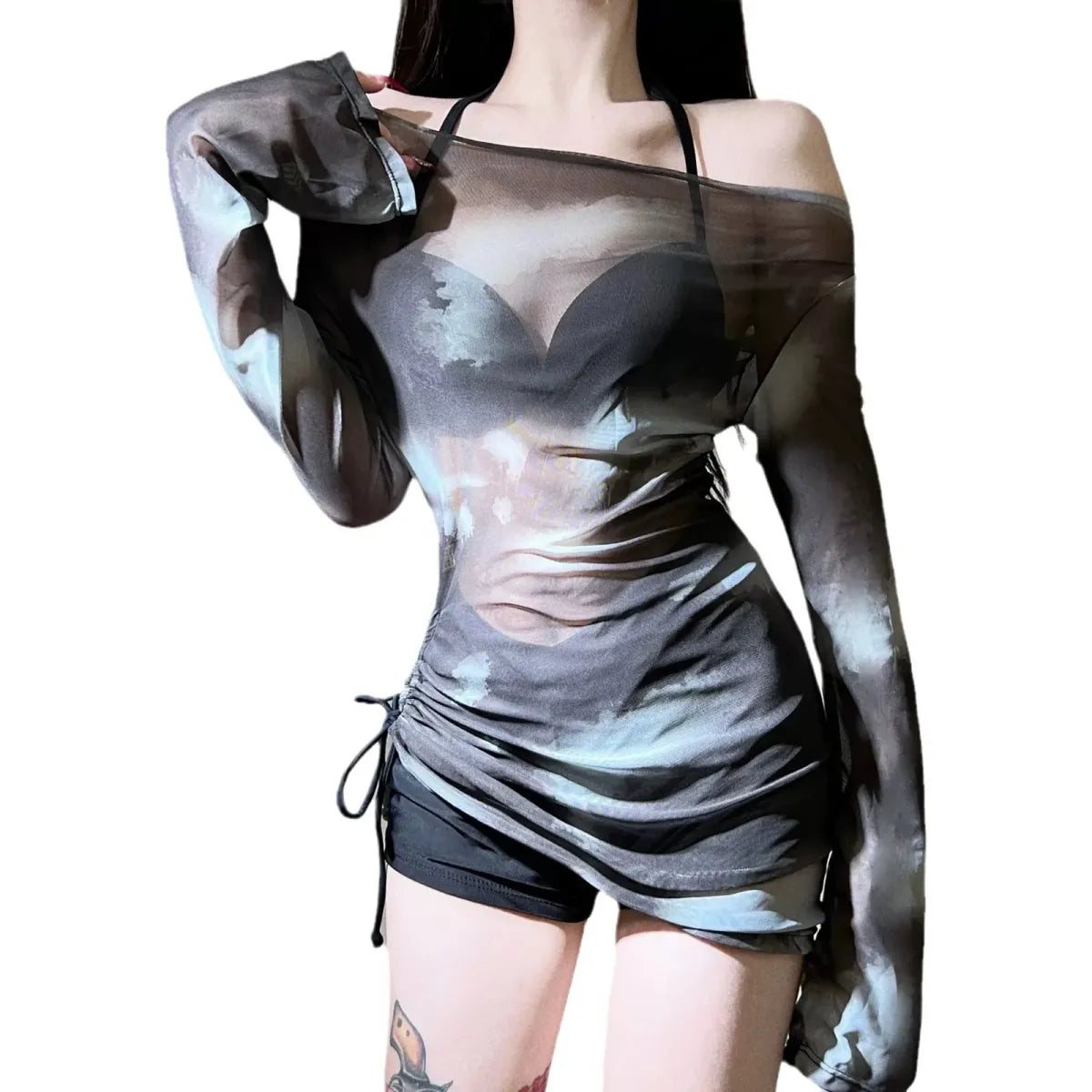 Tie-Dye Bikini Set – Korean Mesh Cover-Up with Drawstring Skirt - Bottoms - Long - Swimwear - 3