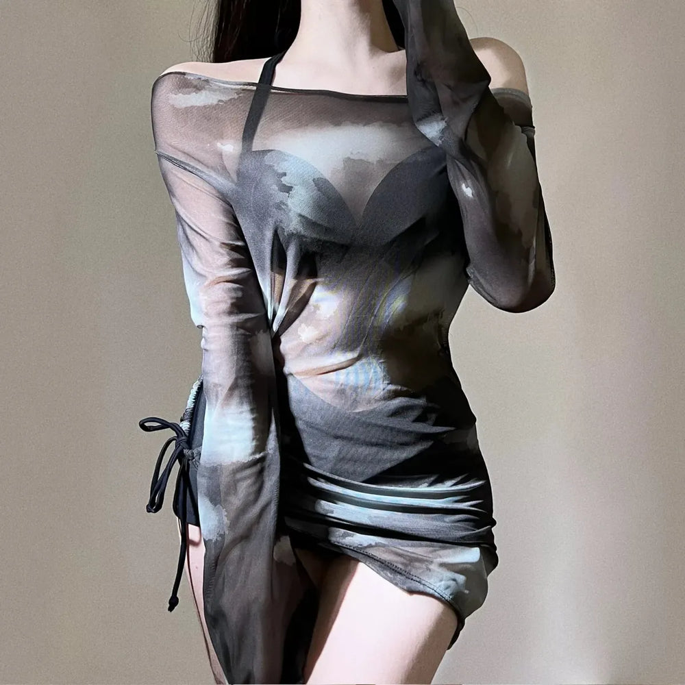 Tie-Dye Bikini Set – Korean Mesh Cover-Up with Drawstring Skirt - Bottoms - Long - Swimwear - 1