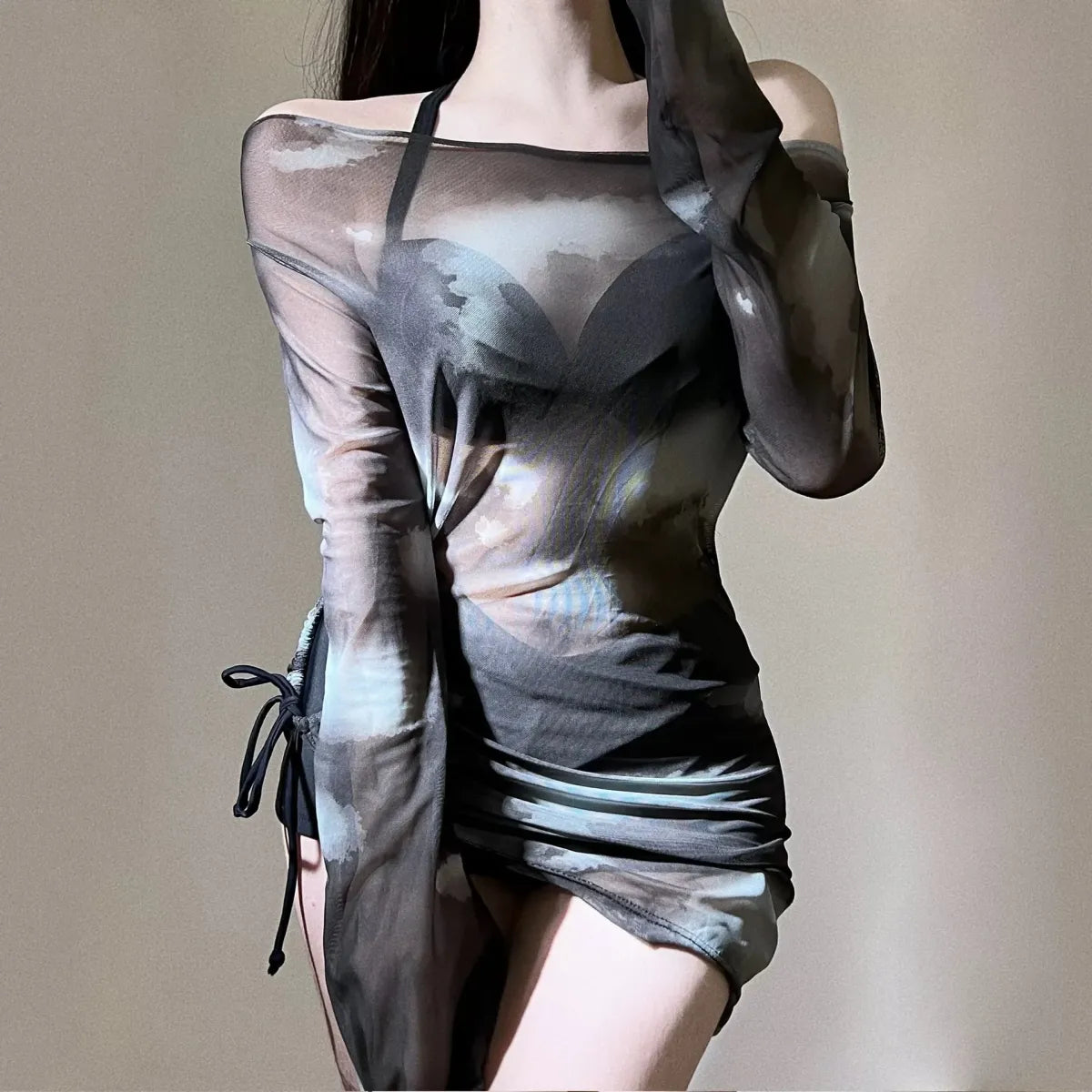 Tie-Dye Bikini Set – Korean Mesh Cover-Up with Drawstring Skirt - Bottoms - Long - Swimwear - 1