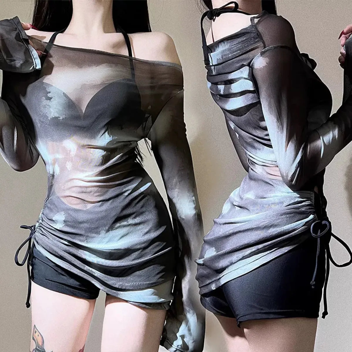 Tie-Dye Bikini Set – Korean Mesh Cover-Up with Drawstring Skirt - Bottoms - Long - Swimwear - 2