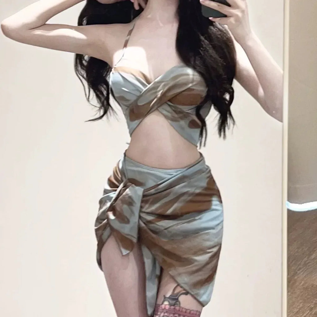 Tie Dye Bikini Set – Sexy 3pc Swimsuit with Mesh Cover Skirt - Bottoms - Sleeveless - Swimwear - 1