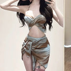 Tie Dye Bikini Set – Sexy 3pc Swimsuit with Mesh Cover Skirt - Bottoms - Sleeveless - Swimwear - 1