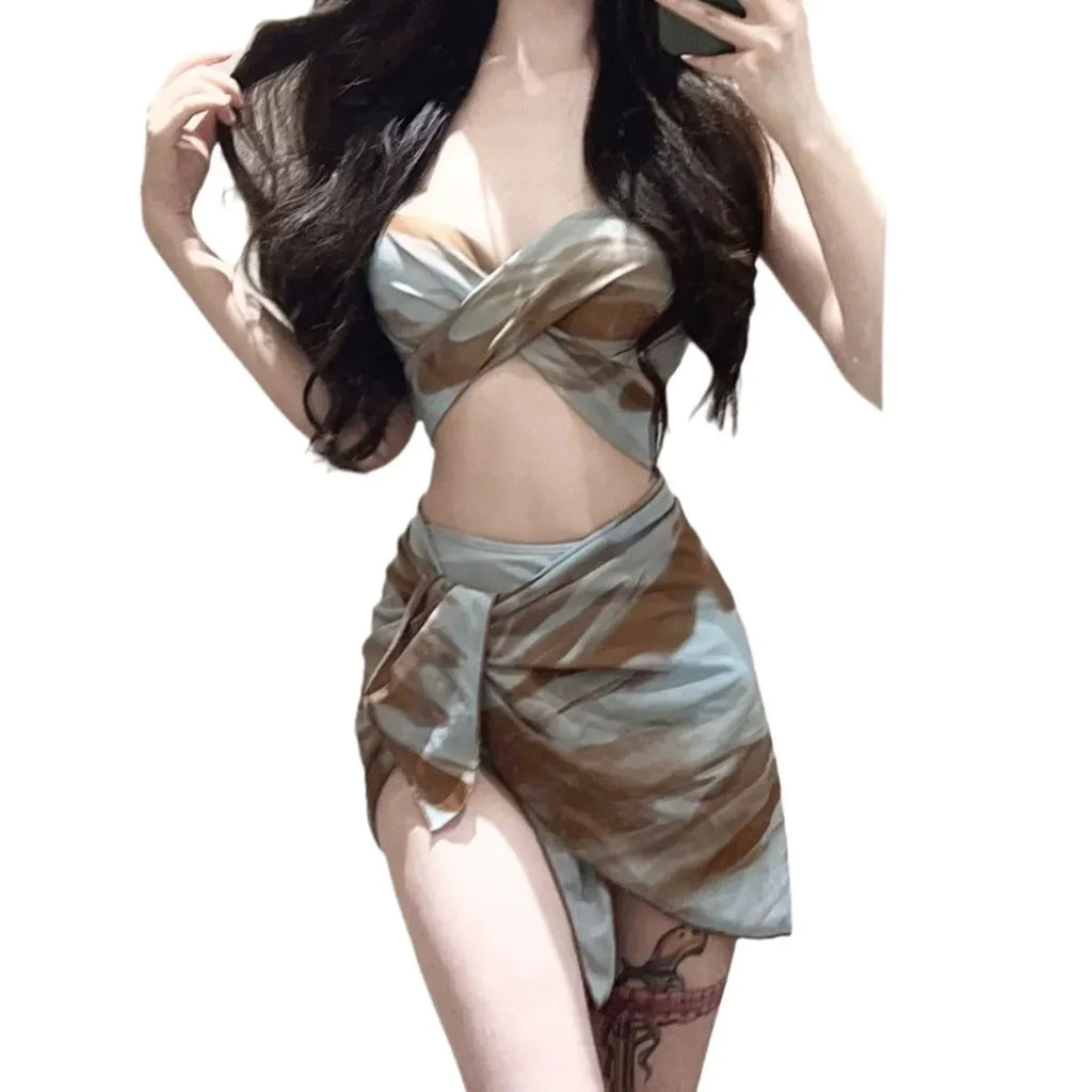 Tie Dye Bikini Set – Sexy 3pc Swimsuit with Mesh Cover Skirt - Bottoms - Sleeveless - Swimwear - 3