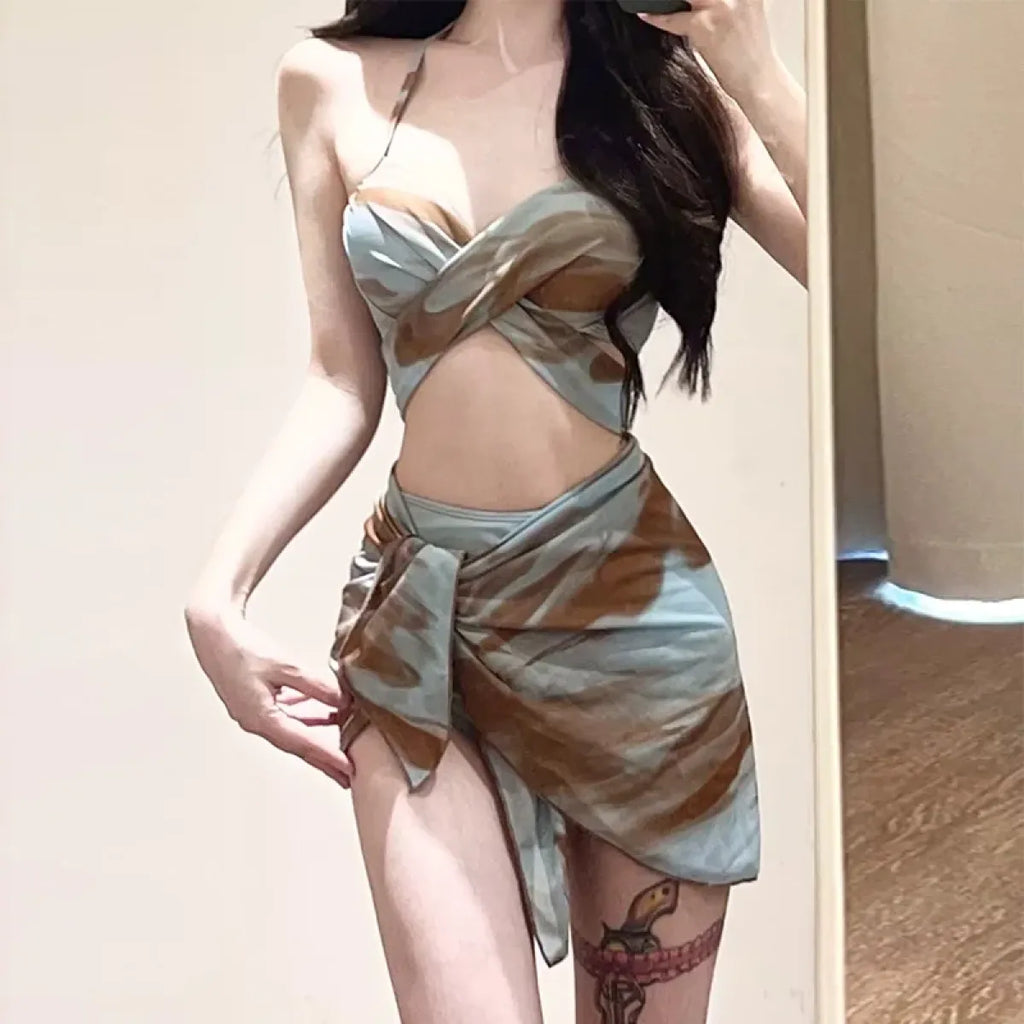 Tie Dye Bikini Set – Sexy 3pc Swimsuit with Mesh Cover Skirt - Bottoms - Sleeveless - Swimwear - 4