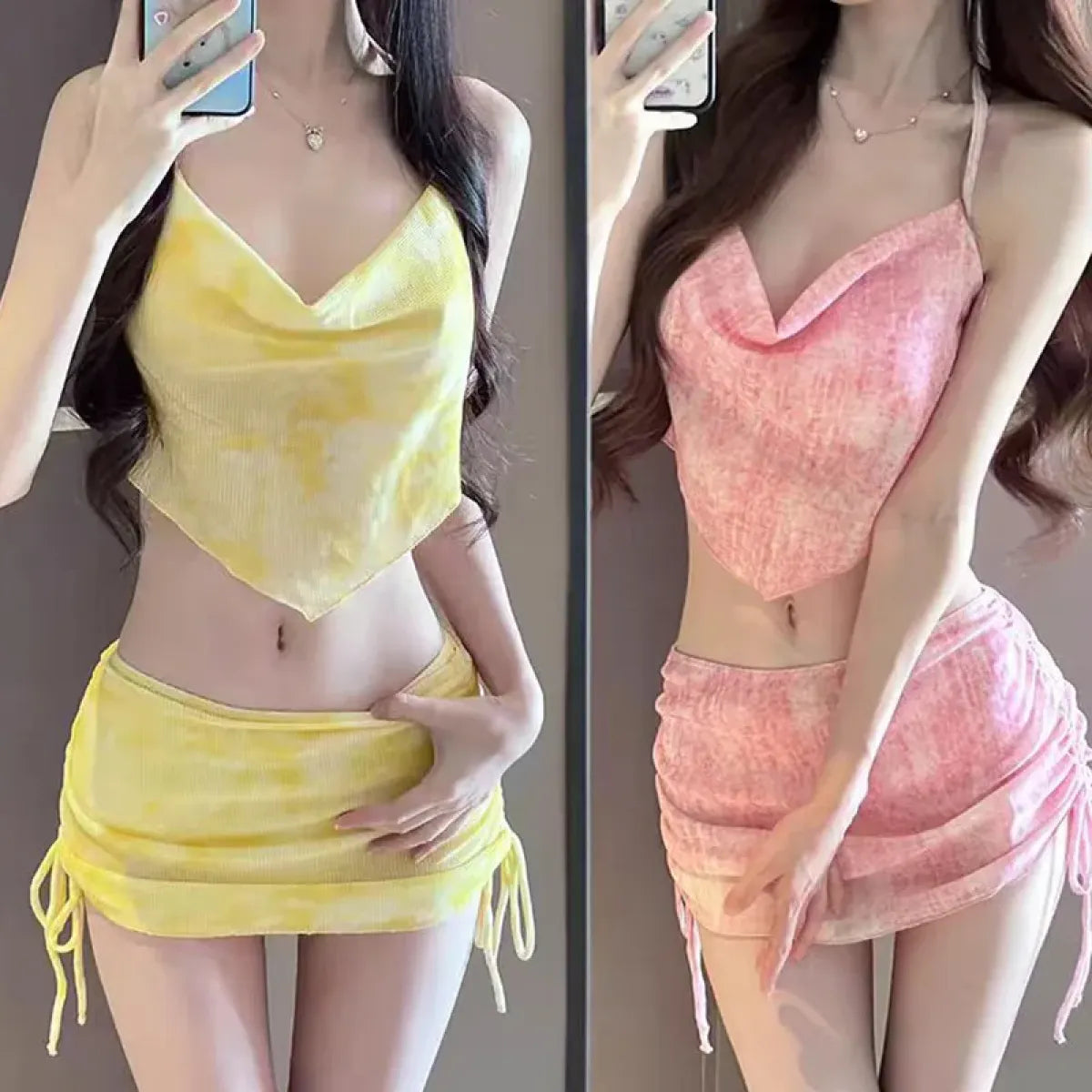 Tie Dye Halter Bikini Set – Kawaii 3pc Swimsuit with Mini Skirt - Bottoms - Strapless - Swimwear - 2