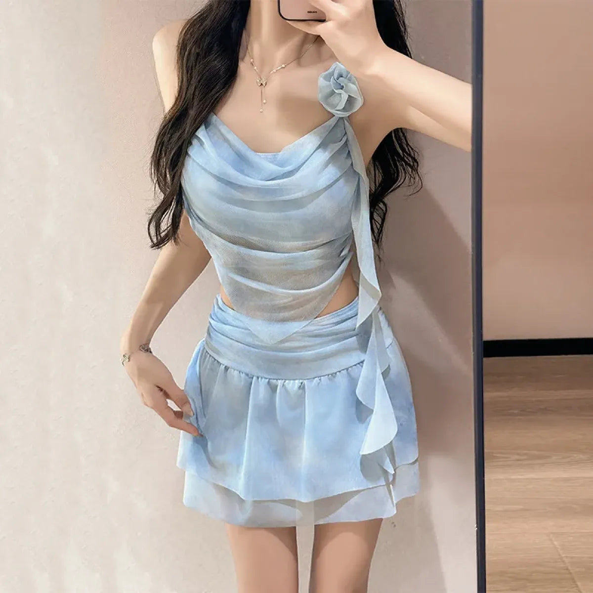 Tie-Dye Kawaii Bikini Set – 3D Flower Mini Skirt Swimsuit - Bottoms - Strapless - Swimwear - 1
