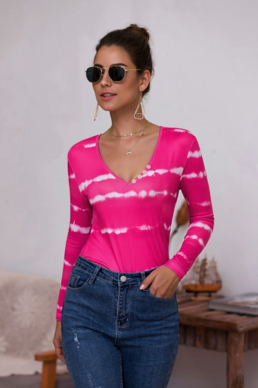 Tie-Dye Plunge Long Sleeve Top - T-Shirts - Shirts & Tops - 2 - 2024