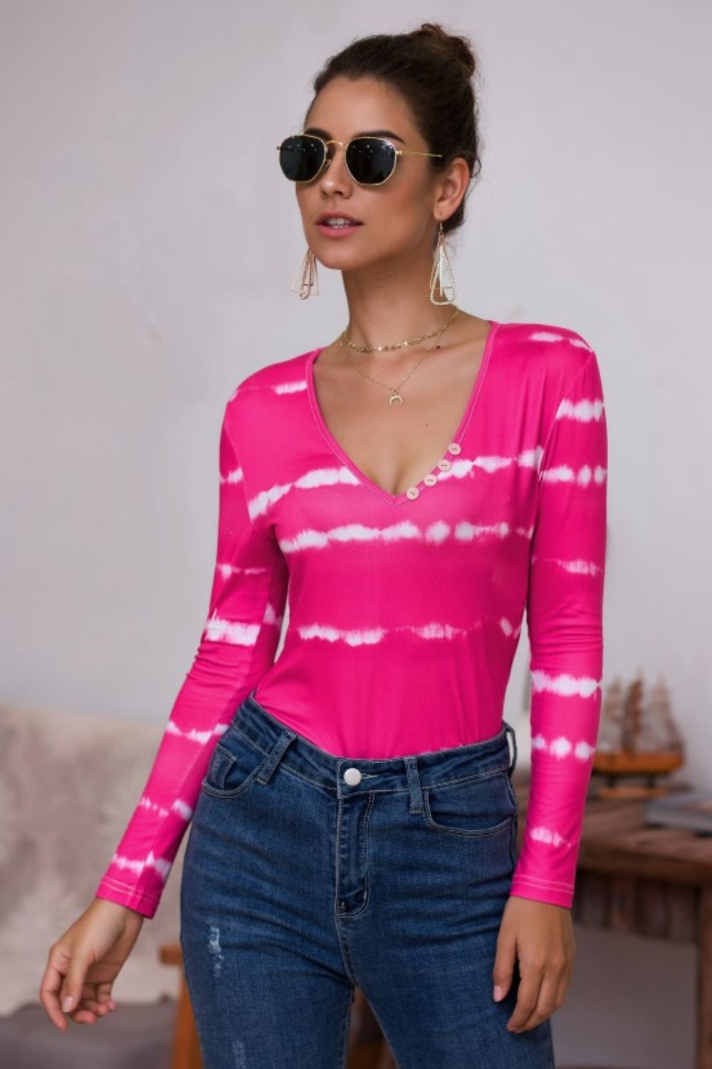 Tie-Dye Plunge Long Sleeve Top - T-Shirts - Shirts & Tops - 6 - 2024