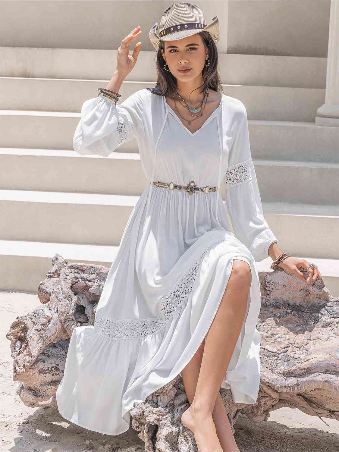 Tie Neck Balloon Sleeve Midi Dress - White / S - All Dresses - Dresses - 1 - 2024