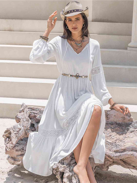 Tie Neck Balloon Sleeve Midi Dress - White / S - All Dresses - Dresses - 1 - 2024